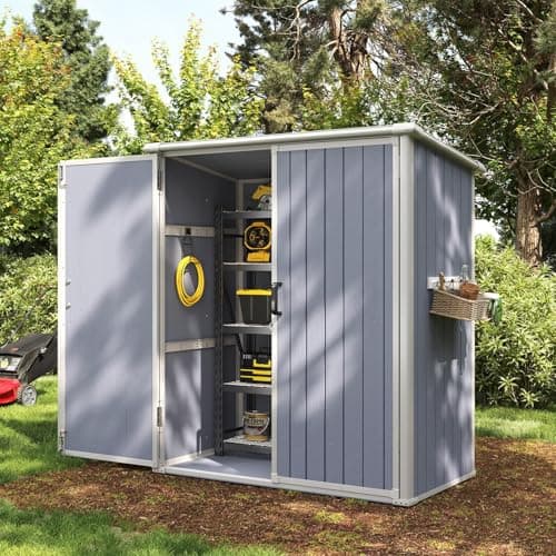 Image of Aoxun 5 x 3 FT Outdoor Storage Shed, Resin Shed with Floor & Lockable Doors, Small Garden Shed Waterproof Plastic Tool Shed with Sloped Roof for Backyard, Garden, Patio, Lawn, Grey