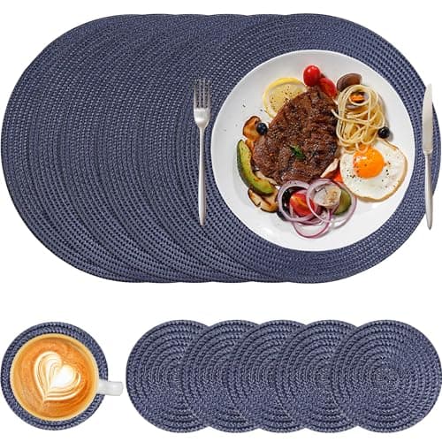 Image of HNVNER Round Placemats and Coaster Set of 6, Woven Place Mats Washable Heat Resistant Table Mats for Dining Table, Navy Blue