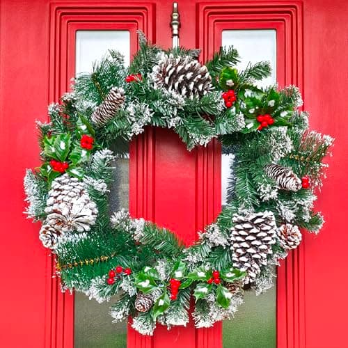 Image of HomeZone 50cm Snow Flocked Christmas Wreath - Artificial Front Door Wreath with Pinecones and Berries - Traditional Indoor and Outdoor Winter Xmas Garland Decoration