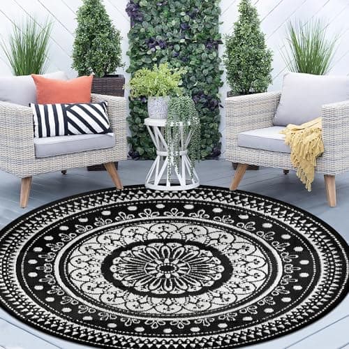 Image of Cekene Round Outdoor Rug Waterproof Large 180cm Black Reversible Garden Rug Plastic Easy Clean Area Floor Mat for Outdoors Patio Garden RV Trailer Backyard Deck Picnic