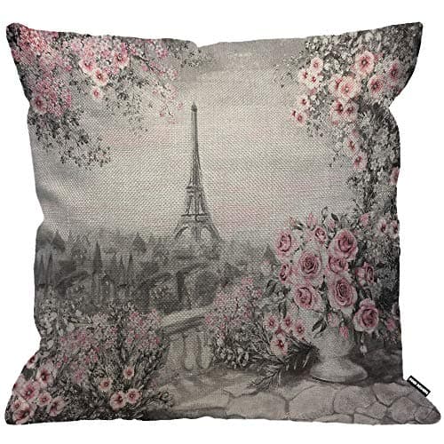 Image of HGOD DESIGNS Cushion Cover Oil Painting Paris Eiffel Tower Flower Rose Pink Gray,Throw Pillow Case Home Decorative for Men/Women Living Room Bedroom Sofa Chair 18X18 Inch Pillowcase 45X45cm