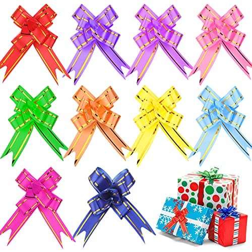 Image of Realjoy 100Pcs Pull Bows for Gift Wrapping 10 Colors Gift Bows Ribbon Bows for Presents Pull Bow for Crafts Christmas Wedding Birthday Party