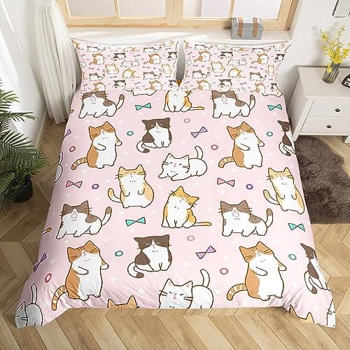 Image of Manfei Kawaii Cats Duvet Cover Set Single Size, Cartoon Animal Theme Comforter Cover with 1 Pillowcase, Cute Cartoon Cat Bedding Set 2pcs for Kids Boys Girls Bedroom Decor Girly Pink Bedspread Cover