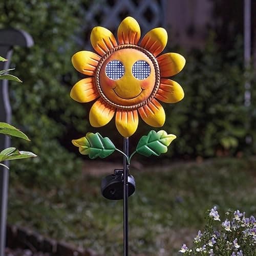 Image of Smart Solar Smilin' Sunflower Metal Stake Light, Solar Powered LED, Garden Lighting, 82cm Height, Yellow with Smiley Face Design