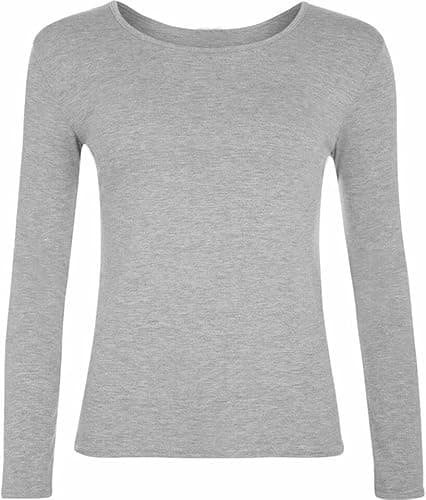 Image of LUXE FASHION Women Ladies Long Sleeve Round Neck Plain Top Stretchy Casual Summer T-Shirts Basic Slim fit Tee Tops UK Plus Size 8-26 Silver Grey