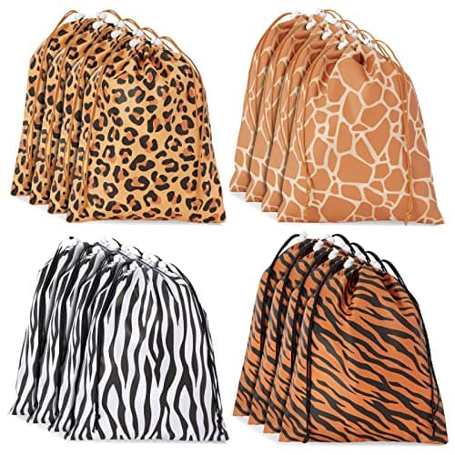 Image of Jungle Themed Tote Drawstring Bags, 12-Pack of Animal Print Kids Party Gift Bags in 4 Designs for Safari, Animal, Adventure Party