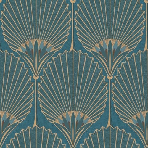 Image of Grandeco Art Deco Nile Palm Textured Wallpaper, Blue Gold
