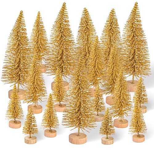 Image of Btowin VCF 20 Pcs Mini Christmas Trees, Artificial Snow Frost Trees Gold Sisal Tree Bottle Brush Tree with Wood Base Mini Pine Tree DIY Craft Ornaments for Christmas Party Home Tabletop Decor