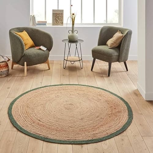 Image of Ripaz Vogue Jute Rug Beige with Green Border Hand Braided Round Area Rug For living Room (120 x 120 Cm (4 Feet Round))