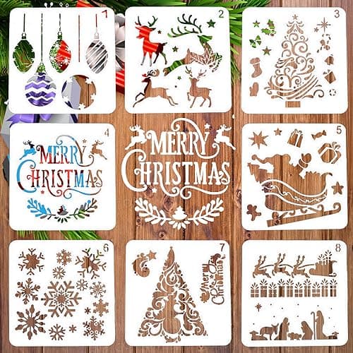 Image of Pack of 8 Christmas Stencils Set Xmas Stencils, LYPER Drawing Stencils Painting Stencils Made of Plastic, Santa Claus Christmas Tree Snowflakes Bells Reindeer Stencil for DIY Christmas Decoration