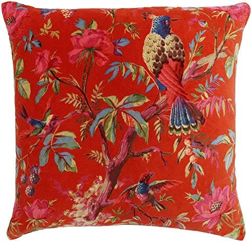 Image of Paoletti Paradise Square Cushion Cover - Orange Colourful Bird Print Velvet Feel Cotton Fabric (50 x 50 cm, Pack of 1)