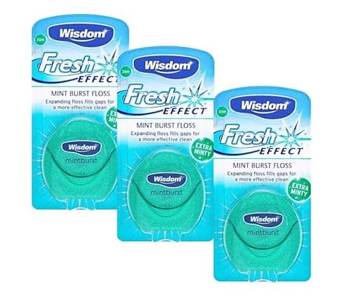 Image of Wisdom Fresh Effect Dental Floss - Pack of 3 x 30m Mint Flavoured Expanding Waxed Floss for Plaque Removal & Gum Health Shred-Resistant Teeth Cleaning Floss – Exclusive AG Total Health Bundle