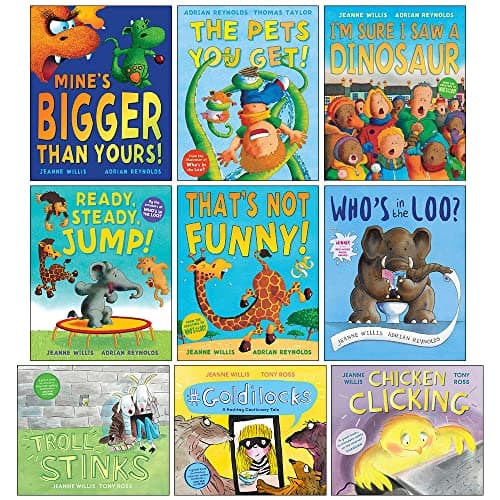 Image of Jeanne Willis 9 Books Collection Set (Mine's Bigger than Yours,The Pets You Get,I'm Sure I Saw a Dinosaur,Ready Steady Jump,That's Not Funny,Who's in the Loo,Troll Stinks,Goldilocks,Chicken Clicking)