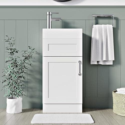 Image of BELOFAY 400mm Floor Standing Bathroom Vanity Unit With Basin - Slim Waterproof Laquered Cloakroom Vanity Unit with 1 Tap Hole Ceramic Basin & Waste | Reversible Tap Fitting (Crawley White)
