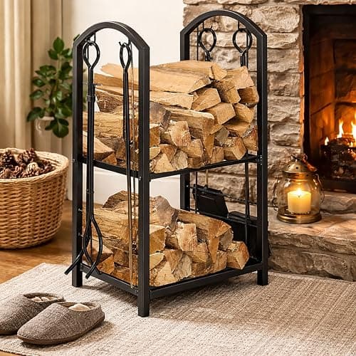 Image of Homezone Log Store Indoors 2-IN-1 Firewood Log Rack, 2 Tier Wood Storage for Fireplace with Log Burner, Outdoor Metal Firewood Log Holder & Accessories Tools Brush Shover Poker Tongs