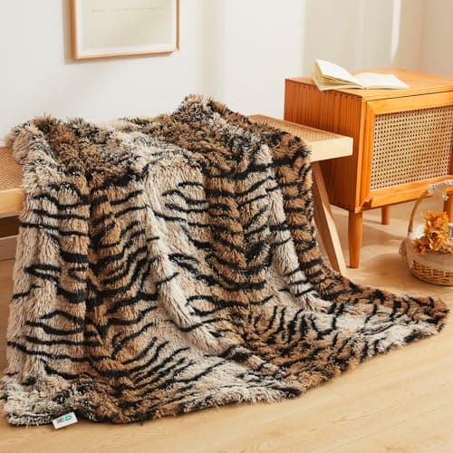 Image of XeGe Luxury Faux Fur Throw, Soft Tiger Print Fluffy Blanket, Shaggy Plush Decorative Farmhouse Couch Throw, Cute Furry Fuzzy Single Blanket for Sofa Bed Chair Office, Tiger Print Brown