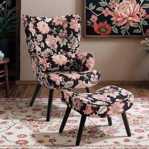 Image of HomeMiYN Armchair with Footstool Accent Chair Single Sofa Chairs with Ottoman and Pillow Fabric Upholstered High Back Armchairs Lounge Chair for Living Room Reading Bedroom Vintage Red Floral