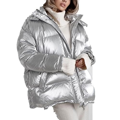Image of SXHEYUY Women Puffer Down Coat Shiny Warm Hooded Winter Coats Lightweight Parka Jacket,Silver,M