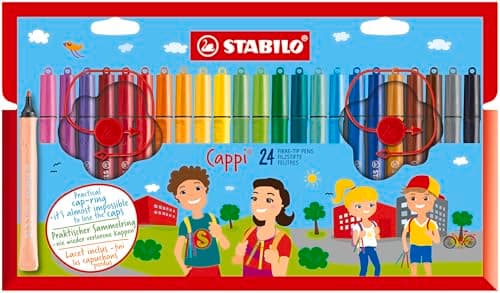 Image of STABILO Cappi - Fibre-Tip Pen with Cap-Ring - Pack of 24 - Assorted Colours with 2 Cap-Rings