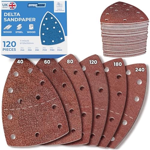 Image of EffektWerk Delta Sandpaper 105x152mm - 120 PK, 11 Holes - Triangular Sanding Pads for Mouse Sanders - Self-Adhesive w/Hook & Loop Closure - Fine & Coarse Sanding w/ 40, 60, 80, 120, 180, 240 Grit