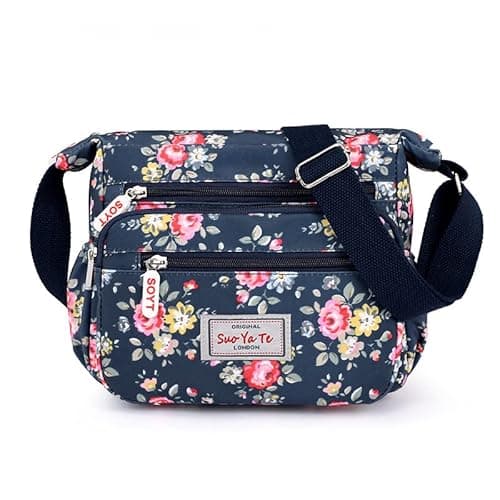 Image of Womens Multi-Pocket Casual Crossbody Handbags Waterproof Flowral Printed Shoulder Nylon Bags Travel Messenger Bags (Floral-Navy Blue)