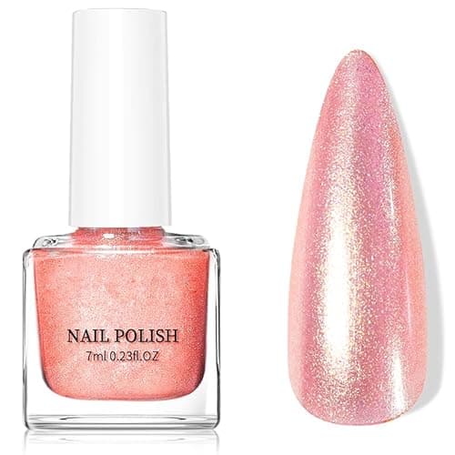 Image of Coral Nail Polish - Orange Pink Nail Polish - Shimmer Pearl nail varnish - Glitter Nail Varnish Quick Dry - Shiny nail polish Breathable, No Chip, Long Lasting, 60 Seconds Air Drying, No Need UV