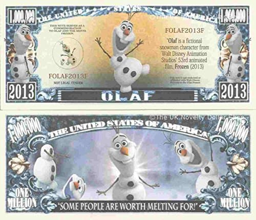 Image of Novelty Dollar Olaf Snowman Character Animated Film Frozen Million Dollar Bills x 2