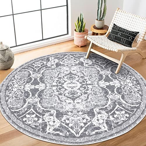 Image of Enyhom Round Rugs for Living Room 120cm, Vintage Floral Pattern Circle Rug Machine Washable Boho Carpet Floor Rugs Non Slip Soft Carpet Rug for Bedroom Kitchen Home Decor, Grey