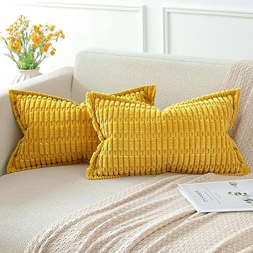 Image of Artscope Mustard Yellow Cushion Covers Set of 2 Corduroy Decorative Square Striped Pillowcase with Stitched Edge Pillow Covers 30x50cm for Home Decor Sofa Bedroom Car