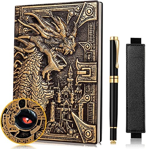 Image of UMiWEi Vintage Dragon Embossed Leather Notebook DND Notebook Travel Journal with Ballpoint Pen and Pen Sleeve Antique Handmade A5 Journal,Hardcover Liner,Writing Notebook Gift for Men Women