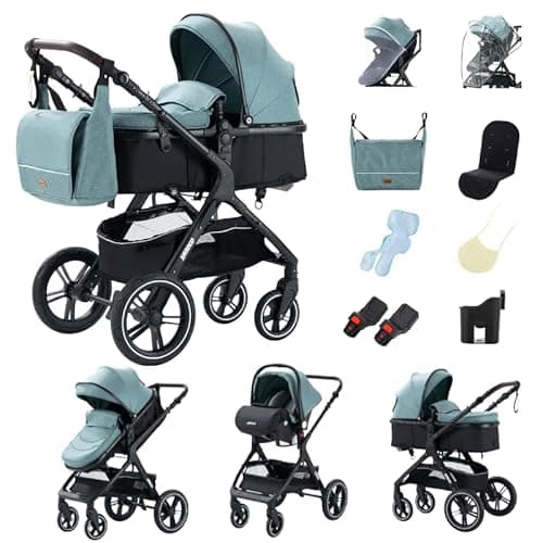 Image of GLOKID 3 in 1 Prams Travel System, Foldable Lightweight Stroller, Pushchair with Height Adjustable Handle, Travel Pram with Mosquito Net, for Newborns Toddlers from Birth (HHX1 Green)