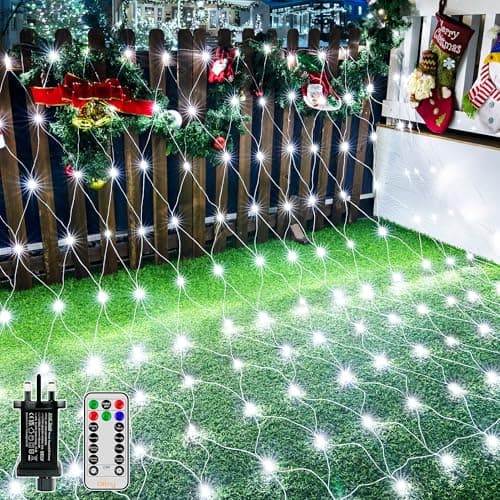 Image of Ollny Net Lights Outdoor Indoor, 200 LED 3m x 2m Mesh Fairy Lights Plug in, Waterproof String Lights with 8 Light Modes/Timer/Remote, for Outside/Garden/Window/Gazebo Ceiling Decorations, Cool White