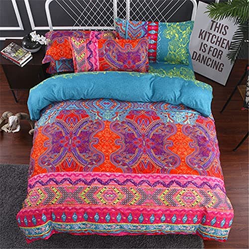 Image of Single Size Bohemian Duvet Cover Red and Blue Colorful Boho Bedding Set with 1 Pillowcases Soft Microfiber Moroccan Bed Cover 135cm X 200cm