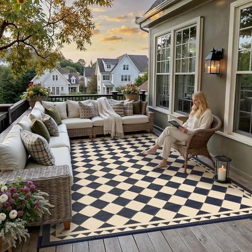 Image of PureCozy Outdoor Rug Extra Large Garden Rug for Patios Waterproof Reversible Outdoor Carpet Mat,Plastic Straw UV Resistant Area Rugs for Patios,Garden,RV,Picnic,Beach,Balcony,240x300cm,Black & Beige
