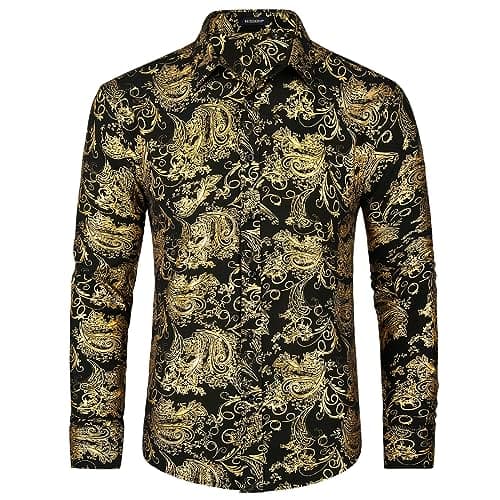 Image of HISDERN Men's Satin Shirts Long Sleeve Gold Feather Print Shiny Shirt Casual Fashion Luxury Floral Shirts Gold Black M