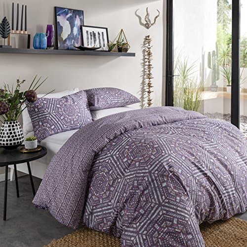 Image of Duvet Cover Set Single with Pillowcase Quilt Reversible Poly Cotton, Aztec Geo Purple