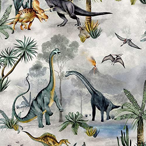 Image of World of Wallpaper Dino Kingdom Dinosaur Themed Playful Wallpaper for Nurseries, Playrooms, Children's Bedroom Grey/Green/Blue 7700