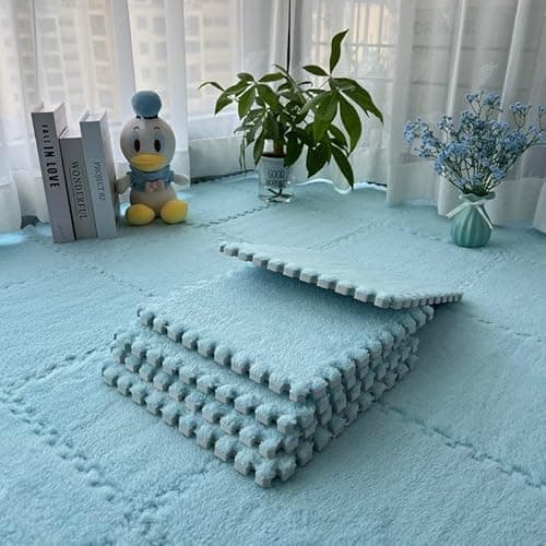 Image of HEIBTENY 10 Pack Splicing Plush Foam Floor Mats, For Easy to Cut Interlocking Carpet Tiles for Any Space, Soft Flannel and Foam Flooring with For Edge Binding, 30x30cm(Light Blue)