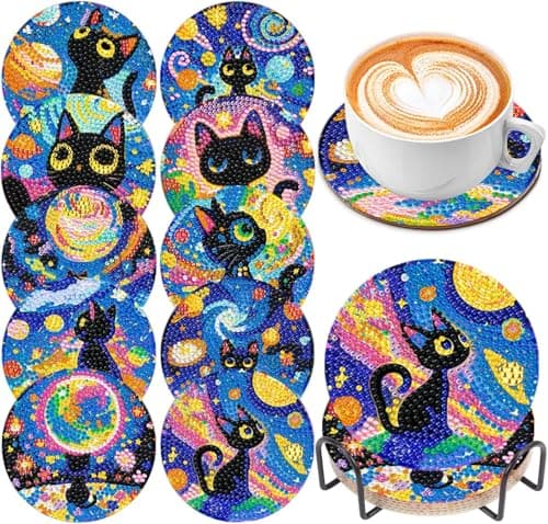 Image of 10 Pcs Cat Diamond Art Coasters Kits with Holder,Diamond Painting Coasters Kit for Adults Beginners, 5D Full Drill Gem Painting Craft Art Kits for Adults Supplies Gift (Cat).