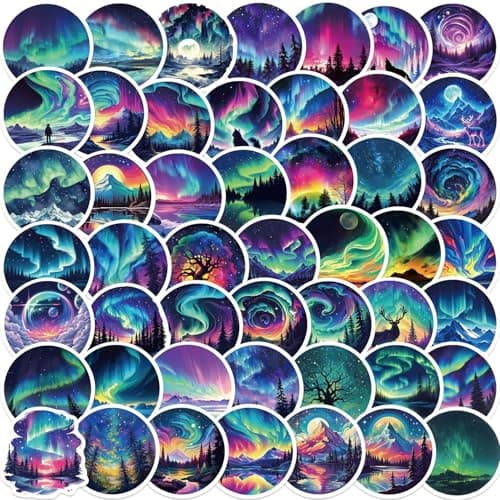 Image of 50 Pcs Northern Lights Stickers for Kids Teens Adults Boys Girls Gift,Northern Lights Stickers Pack for Laptop,Skateboard,Luggage,Car,Bike, Cup,Computer,Water Bottle Decor,Vinyl Waterproof Stickers