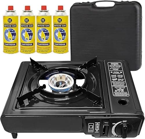 Image of Portable Gas Cooker Camp Stove + 4 Butane Gas Canisters - For Outdoor Cooking, Camping, Fishing & BBQ | Premium Burner, Automatic Ignition & Heat Control, EN417 Compliant - Black Grill & Carry Case