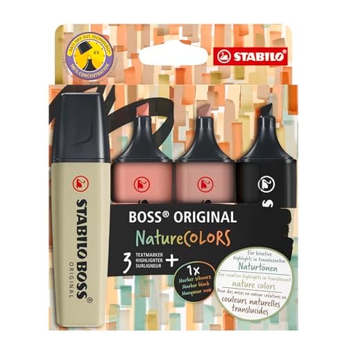 Image of STABILO BOSS ORIGINAL NatureCOLORS - Highlighter - Pack of 4 - Mud Green, Sienna, Umber, Black