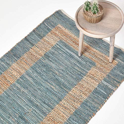 Image of HOMESCAPES Modern Rug Handwoven Natural & Grey Hemp & Cotton Chindi Rug ‘Veranda’ Contemporary Rug, 120 x 170 cm
