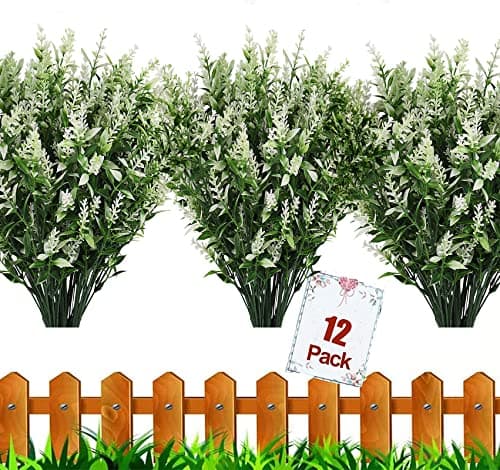 Image of HBell 12 Bundles Outdoor Artificial Flowers UV Resistant Fake Boxwood Plants, Faux Plastic Greenery for Indoor Outside Hanging Plants Garden Porch Window Box Home Wedding Farmhouse Decor (White)