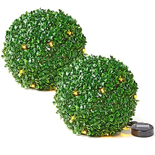 Image of Taylor & Brown 28cm Solar Powered 20 LED Rose Artificial Topiary Ball Hanging Ornament Boxwood Garden Ultra Bright Light Decorative Two Functions (2 Pack, Green)