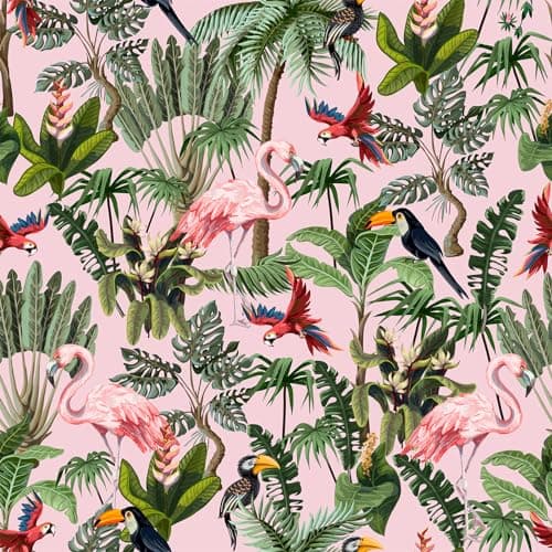 Image of VEELIKE Pink Jungle Wallpaper Tropical Flamingo Bird Floral Leaf Contact Paper for Furniture Botanical Wall Art Patterned Tree Wall Mural Bedroom Living Room 44.5cm×300cm
