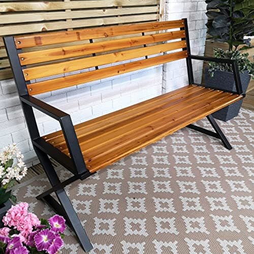 Image of Samuel ALEXANDER Kendal 2 Person Outdoor Modern Cross Design Metal Wooden Garden Patio Bench