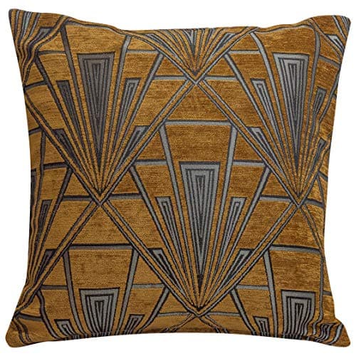 Image of Art Deco Cushion Cover. Double Sided Luxury Velvet Chenille. Gold and Silver Retro Design. 17"x17" Square Pillow. Geometric bold design. 20s and 30s style. Handmade in the UK.