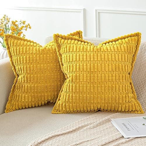 Image of Artscope Mustard Yellow Cushion Covers Set of 2 Corduroy Decorative Square Striped Pillowcase with Stitched Edge Pillow Covers 45x45cm for Home Decor Sofa Bedroom Car