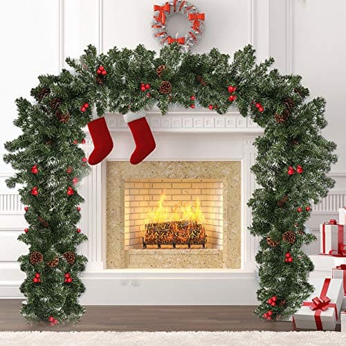 Image of miuline 9ft/2.7m Green Plastic Christmas Garland with Pine Cones and Red Berry Decorations for Door, Stairs, Fireplaces